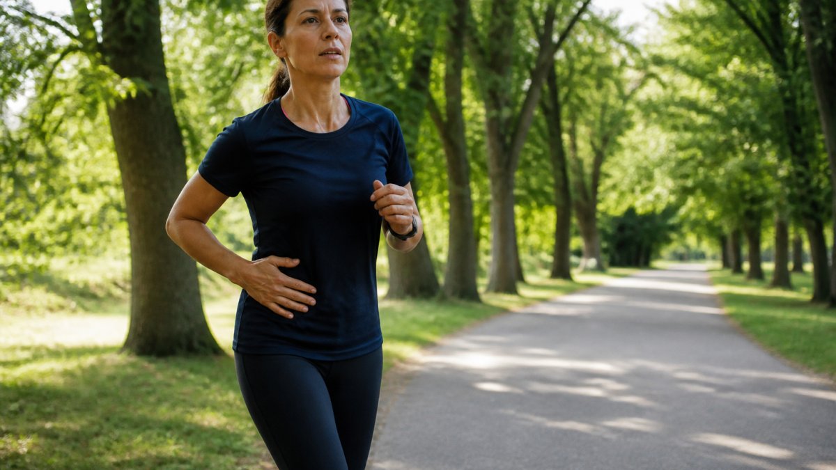 A woman in her forties running on a quiet park path, pressing her hand gently to her side just below the ribs, mid-stride, morning light through trees