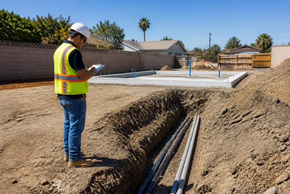 Worker checking utility trench plans during ADU construction delays at a site with a new foundation.