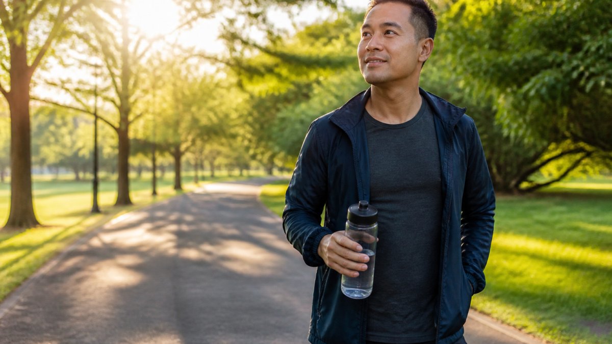 A professional at a home office desk stepping outside for a brisk walk break with a water bottle, sunlight streaming through trees