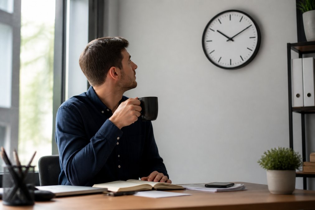 Professional holding a coffee mug while checking the clock to avoid an afternoon energy crash