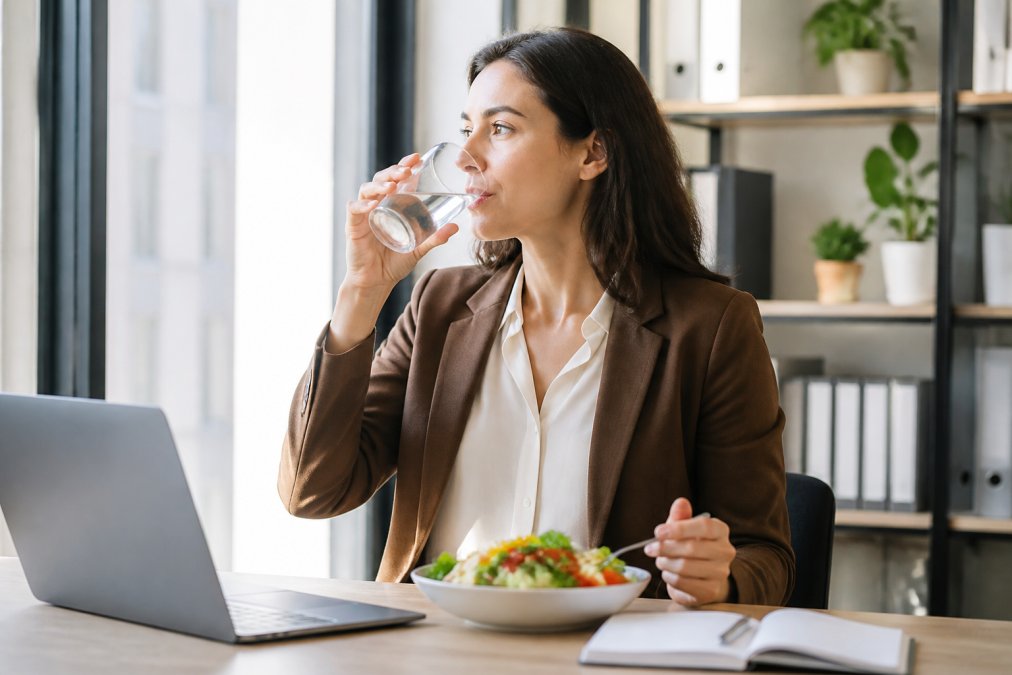 Professional at a sunlit desk drinking water and eating a healthy meal to avoid afternoon energy slumps