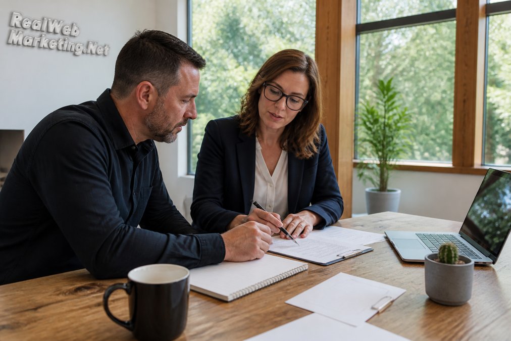 Business owner and consultant reviewing a marketing contract to help you avoid agency account managers