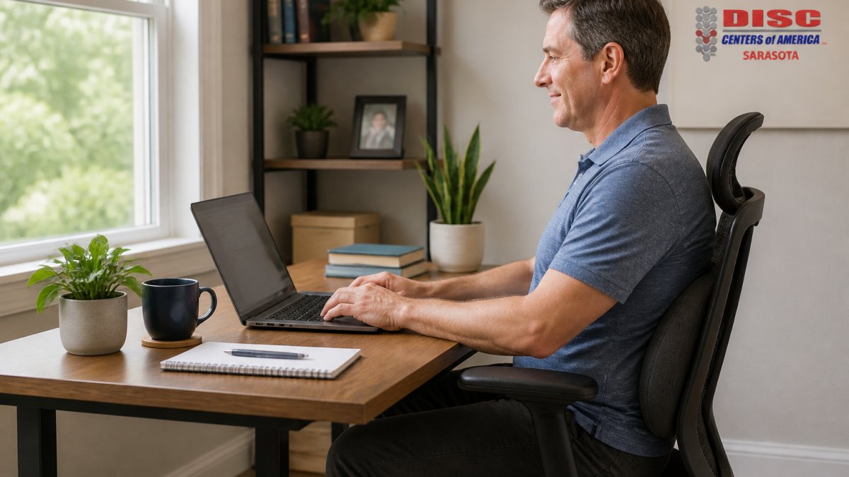 A middle-aged man sitting at a properly adjusted ergonomic desk setup in a home office, with a supportive chair and lumbar cushion, looking comfortable while working on a laptop