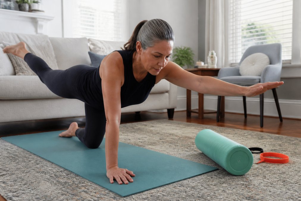 A woman in her fifties performing a gentle core stabilization exercise on a mat in a bright living room, with a resistance band and foam roller nearby, demonstrating proper form with a neutral spine