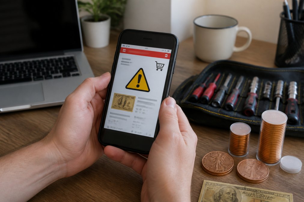 Close-up of hands holding a smartphone displaying a suspicious website with warning icons visible on screen, sitting at a home desk with a laptop nearby