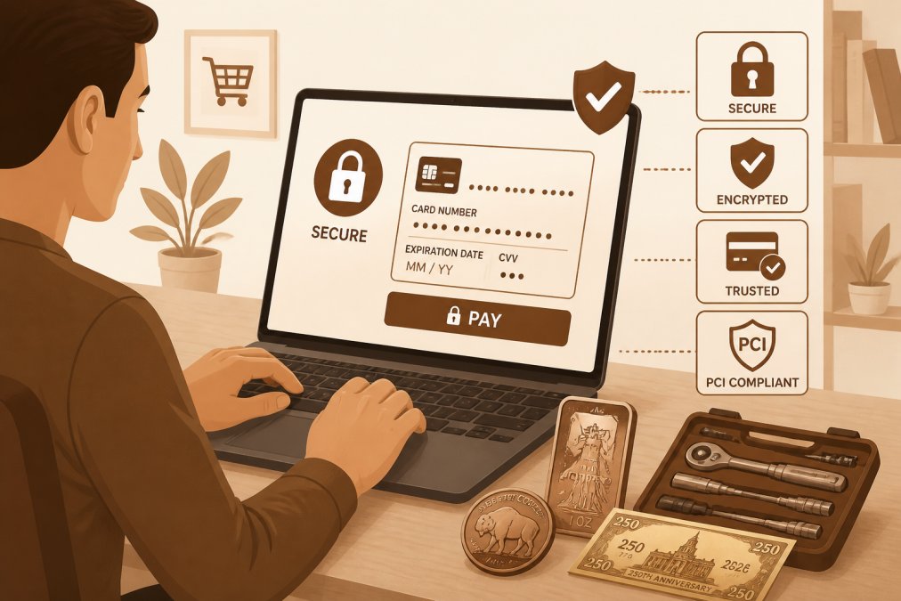 Person entering payment information on a laptop with a secure padlock icon visible on screen, showing confident shopping in a bright home office