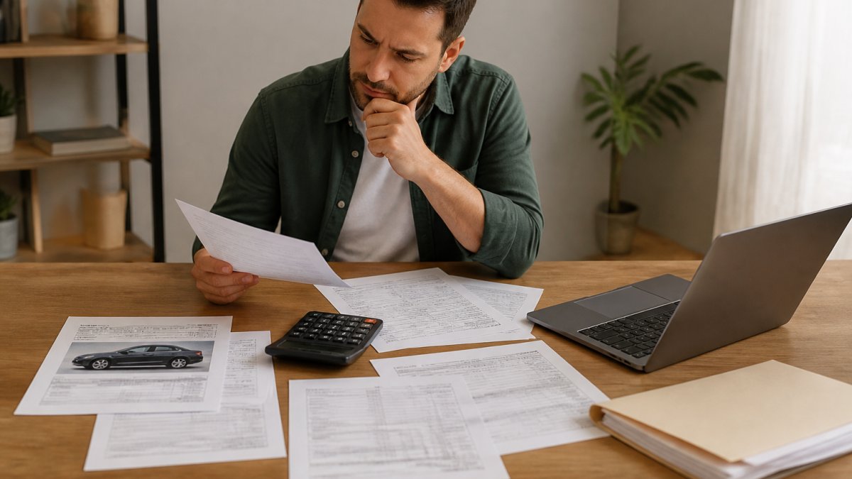 Person sitting at desk with multiple loan documents, calculator, and laptop comparing car loan offers with focused attention