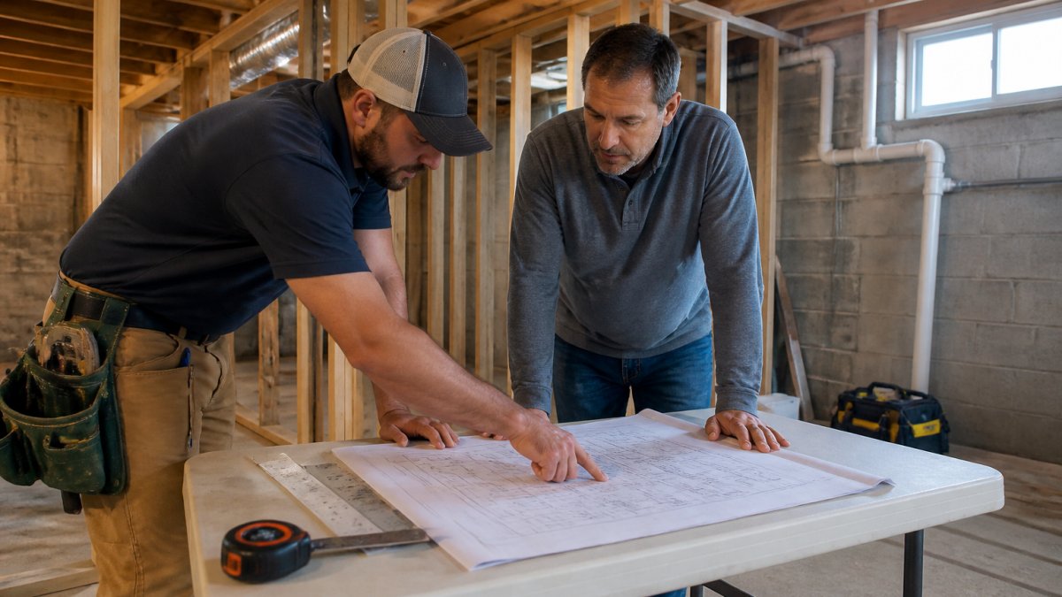 A general contractor and homeowner reviewing a printed basement remodel schedule at a folding table in an unfinished basement with exposed ceiling joists and concrete block walls