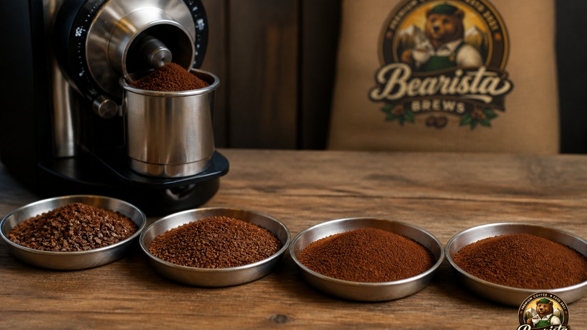 Close-up of a burr coffee grinder with freshly ground coffee beans, showing different grind textures from coarse to fine on a wooden surface
