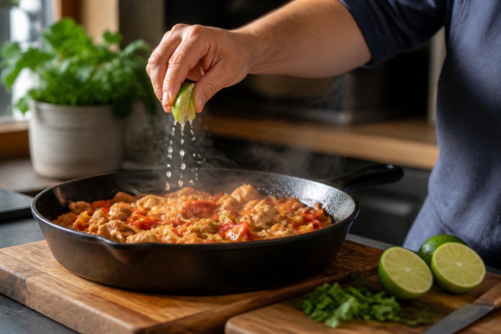 A home cook squeezing fresh lime juice over a finished skillet dish, steam rising from the pan under warm kitchen lighting