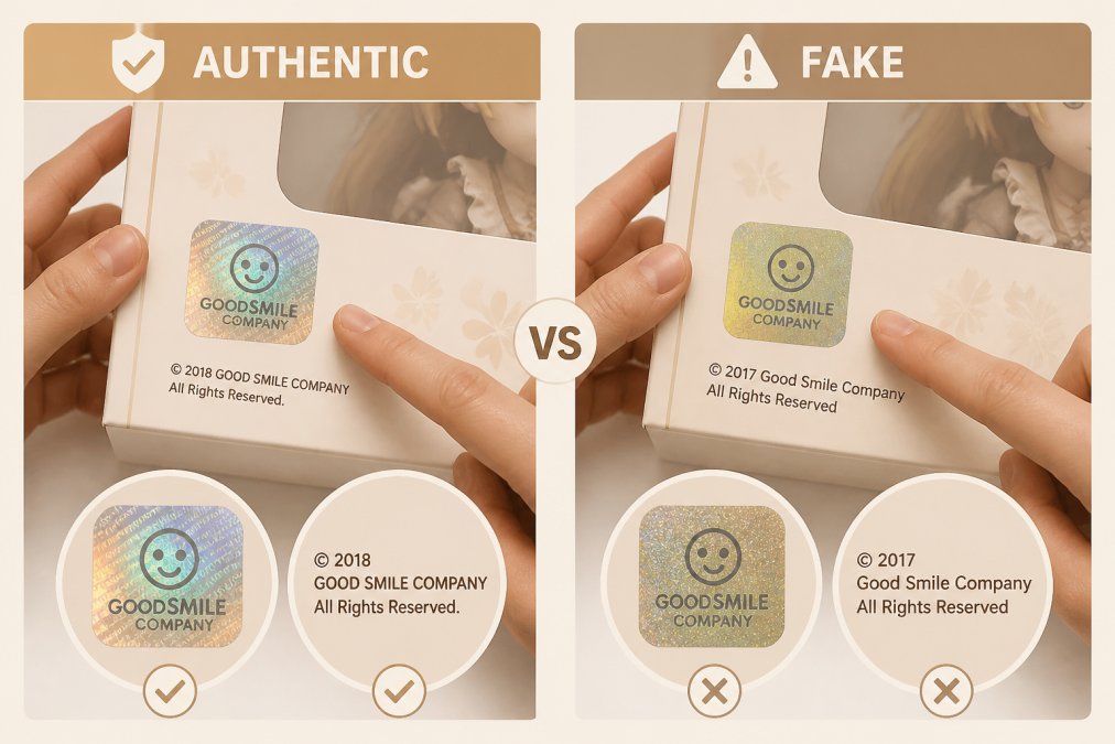 Close-up of hands comparing two anime figure boxes side by side on a white surface, examining hologram stickers and copyright text under bright natural lighting