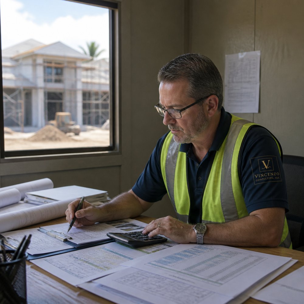 Professional project manager reviewing detailed budget spreadsheets and financial reports at a construction site trailer desk, with blueprints and cost tracking documents visible under natural light