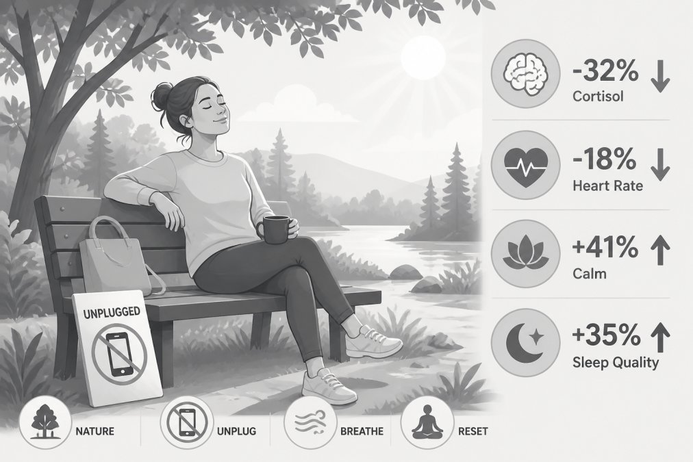 Person relaxing outdoors in nature, unplugged from devices, sitting peacefully on a bench with trees and natural light, showing a calm and serene expression