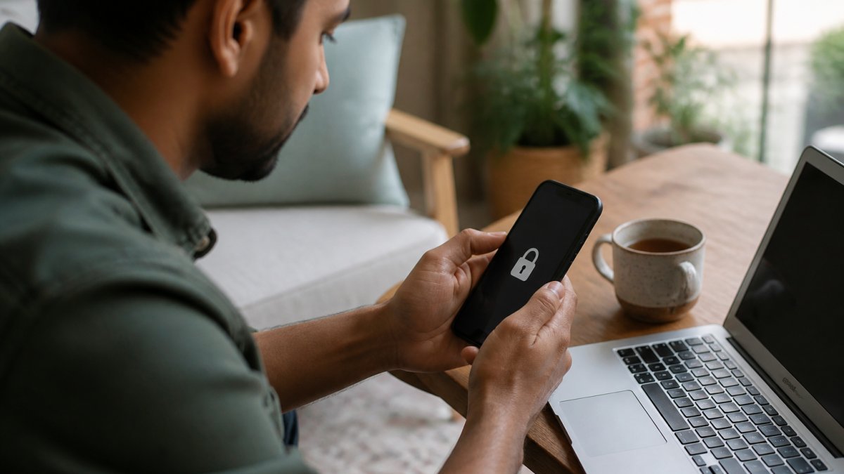 Close-up of hands holding a smartphone with a padlock icon displayed on screen, sitting at a desk with a laptop and coffee cup, suggesting secure online transaction and data protection