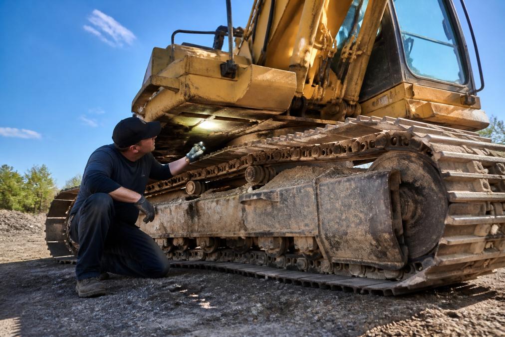 A mechanic in work boots and gloves inspecting the undercarriage of a large excavator with a flashlight, looking for leaks and wear, on a sunny job site