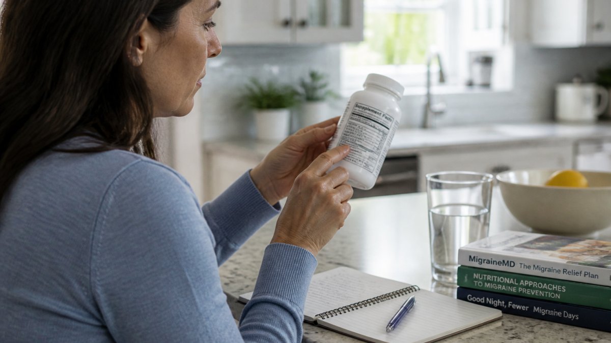 Person in a bright kitchen carefully reading the Supplement Facts label on a bottle of vitamins