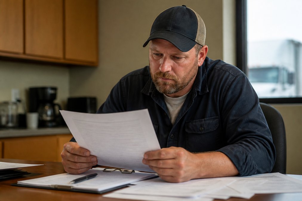 A commercial truck driver sitting at a table reviewing legal documents with a focused, serious expression, paperwork and a pen visible in front of him, under warm office lighting