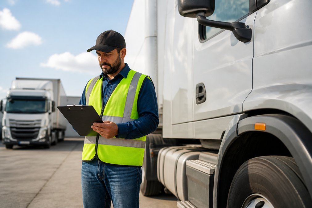 A professional CDL driver in a safety vest standing beside a large commercial truck, checking a clipboard with a confident and attentive posture, in a well-lit freight yard during daytime