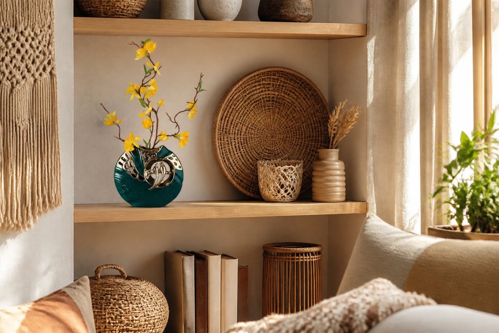A styled living room shelf displaying a handcrafted ceramic vase with earthy green and gold tones, woven rattan accents, and layered textiles in warm neutral tones, bathed in soft afternoon light