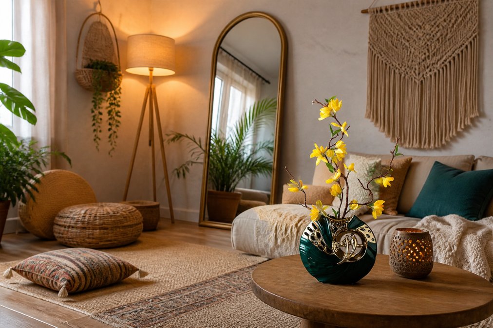 A relaxed bohemian living room featuring low-profile seating with layered jute and woven rugs, macramé wall art, an arched gold mirror on a textured wall, and ambient warm lighting from a floor lamp