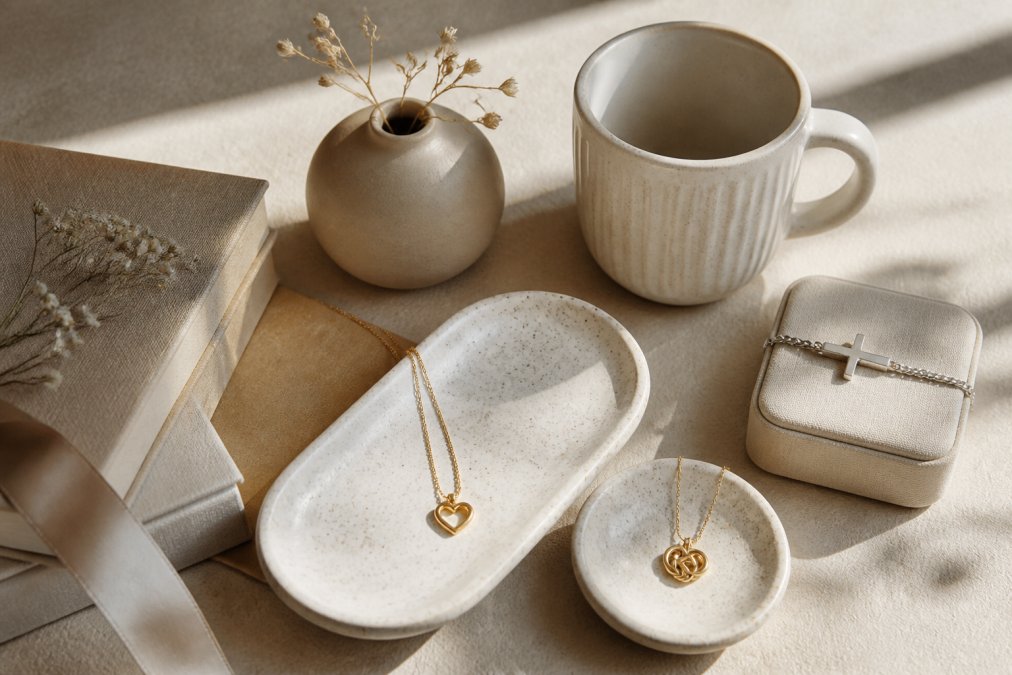 Styled flat lay of minimalist personalized gifts including engraved jewelry, home goods, and accessories arranged on a neutral beige surface with soft shadows and natural window lighting