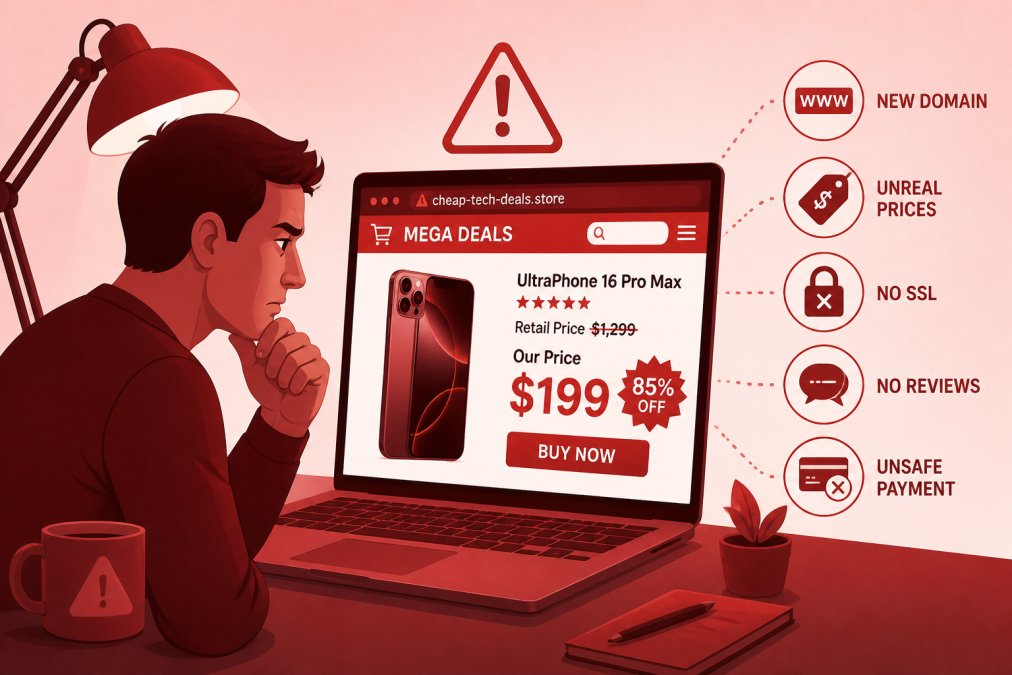 Person sitting at a desk looking skeptically at a laptop screen showing a suspicious online electronics store with an unusually low price on a high-end gadget, warm desk lamp illuminating the skeptical expression