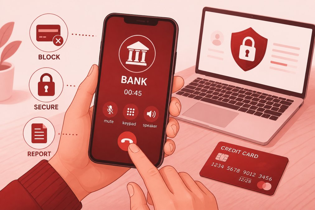 Close-up of hands holding a smartphone while calling a bank, with a credit card and laptop visible on a wooden table nearby, suggesting urgent financial action under warm indoor lighting