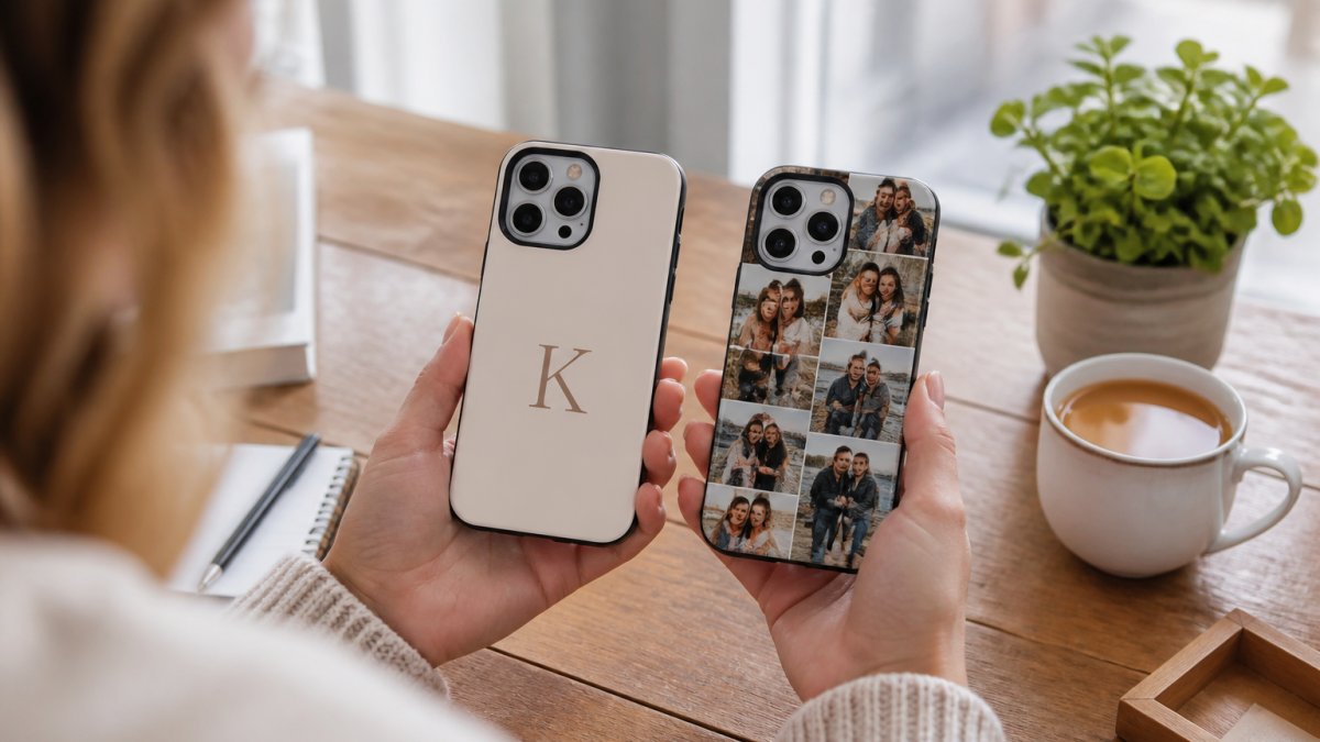 Hands holding a minimalist monogrammed phone case next to a maximalist photo collage case on a wooden desk.