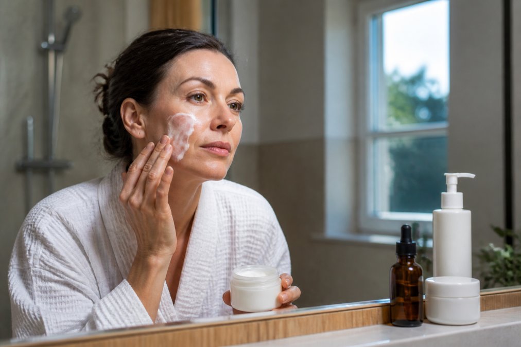 A woman in her 40s gently applying a thick white moisturizer to her cheek in a bright bathroom, soft natural light, calm expression, skincare products on the counter