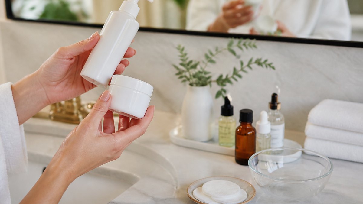 Hands holding gentle cleanser and moisturizer to help avoid chemical peel skin damage during pre-treatment