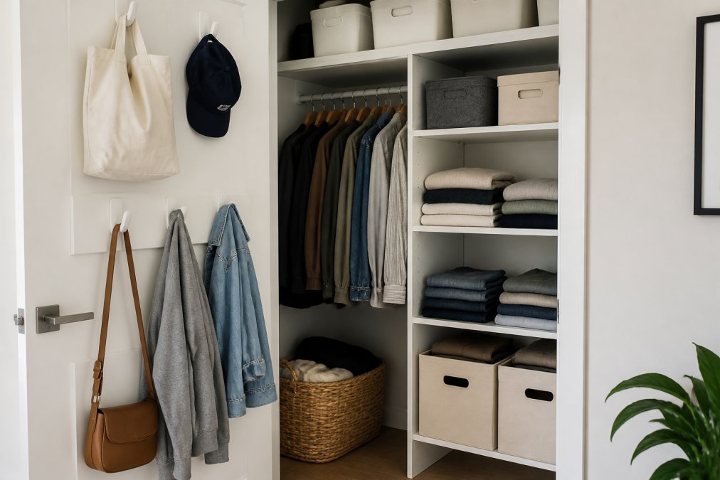 Well-organized small apartment closet with neatly folded clothes on shelves, labeled storage bins, and hooks on the inside of the door, showing efficient use of vertical space and wall organization