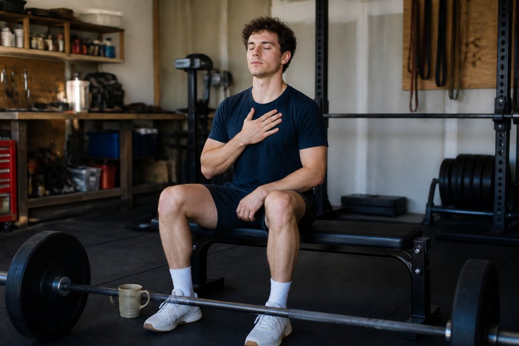 Lifter practicing slow breathing on a gym bench with a mug of coffee resting on the floor beside a barbell