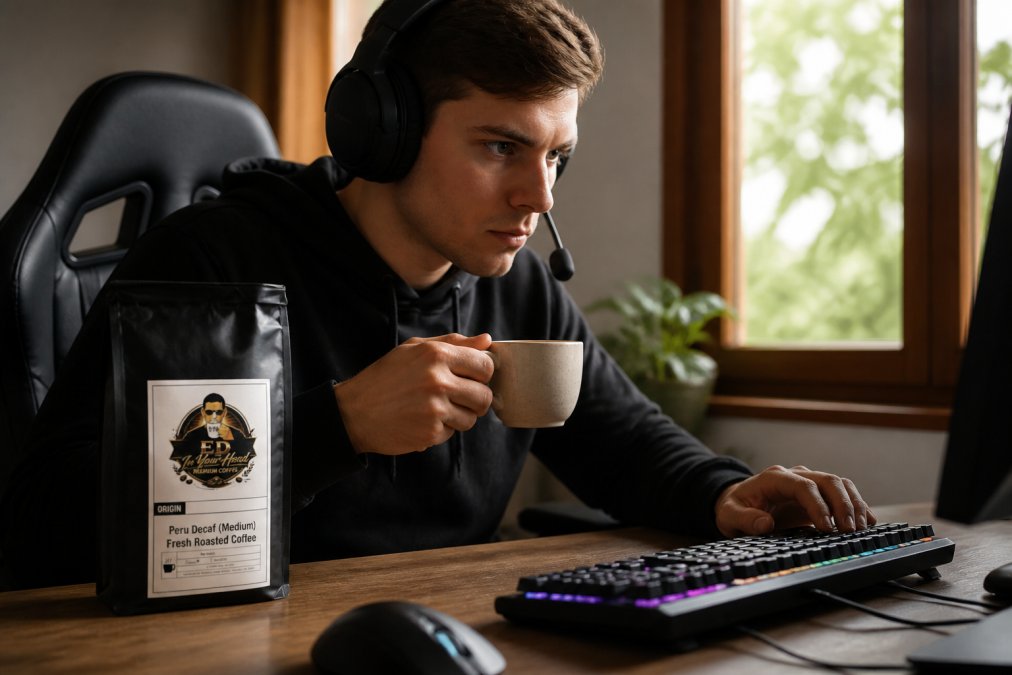 Gamer at gaming desk with fresh coffee cup, RGB keyboard visible, focused expression during competitive gameplay with natural window lighting