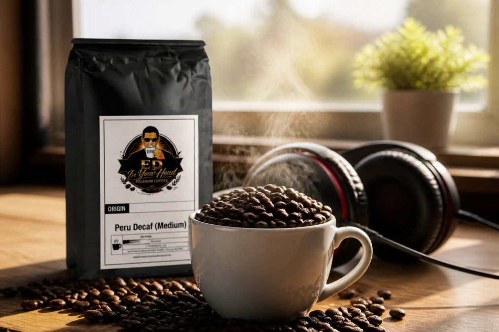 Close-up of fresh coffee beans in a white ceramic cup with steam rising, gaming headset blurred in background, natural morning light through window