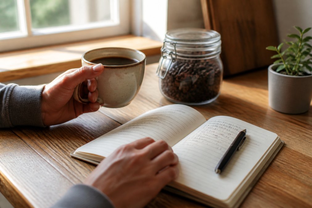 Close-up of hands holding a ceramic coffee cup and an open notebook with daily consumption notes written in pen, morning sunlight streaming through a kitchen window