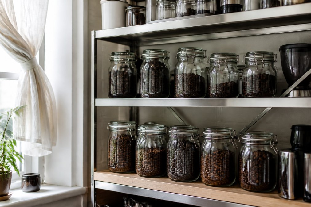 Organized kitchen shelf displaying multiple airtight glass containers filled with coffee beans of different roasts, positioned away from direct sunlight near a window with translucent curtains, stainless steel shelf with minimal clutter
