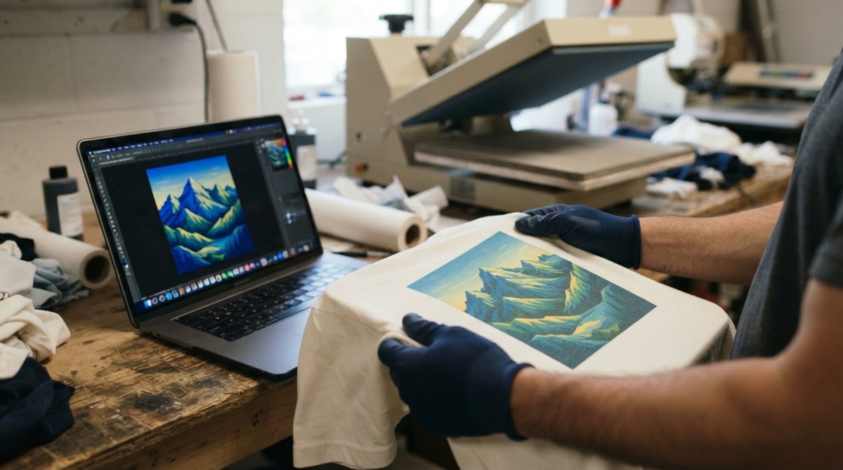 Close-up of a printer operator's hands holding a freshly pressed sublimation print on a white polyester shirt, comparing it to a computer screen showing the original design, with a heat press in the background