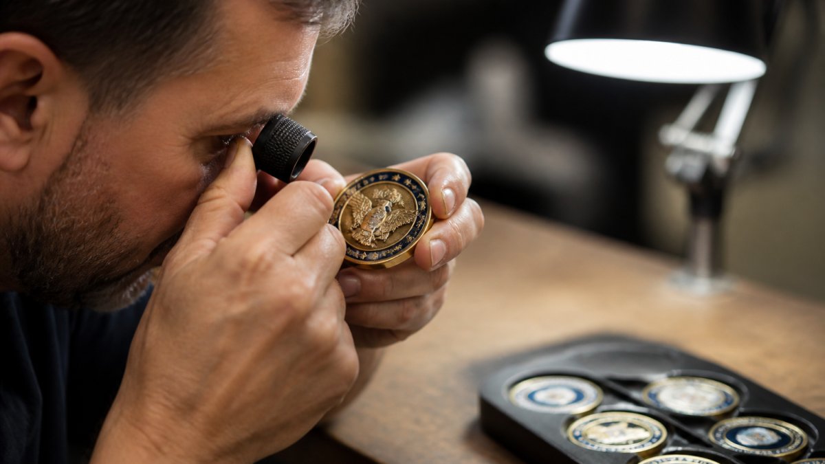 Professional examining a military challenge coin under bright light, inspecting the emblem detail, text clarity, and metal finish with close attention to quality