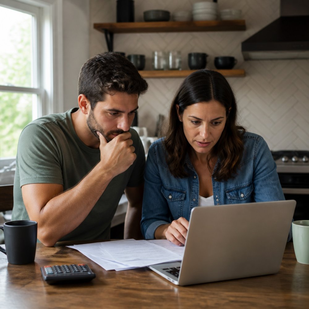 A couple reviewing a detailed budget spreadsheet on a laptop at their kitchen table, with a calculator and coffee mugs nearby, natural daylight streaming through the window
