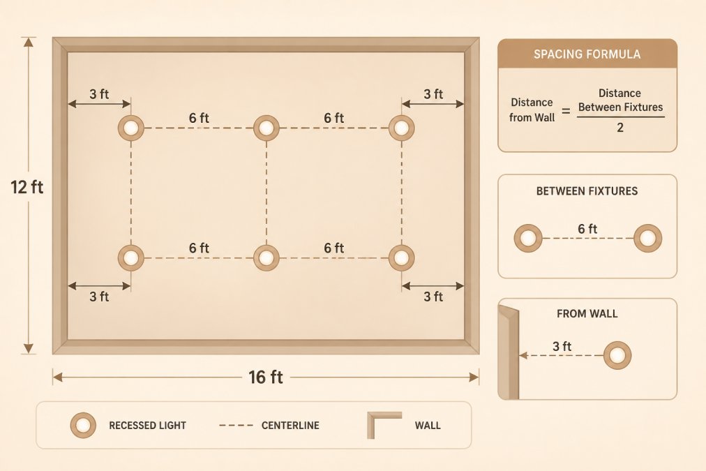 Diagram showing ceiling layout with recessed light spacing formula: distance from wall equals half the distance between fixtures, with 6-foot spacing between lights and 3-foot setback from walls, ceiling dimensions labeled 12 feet by 16 feet