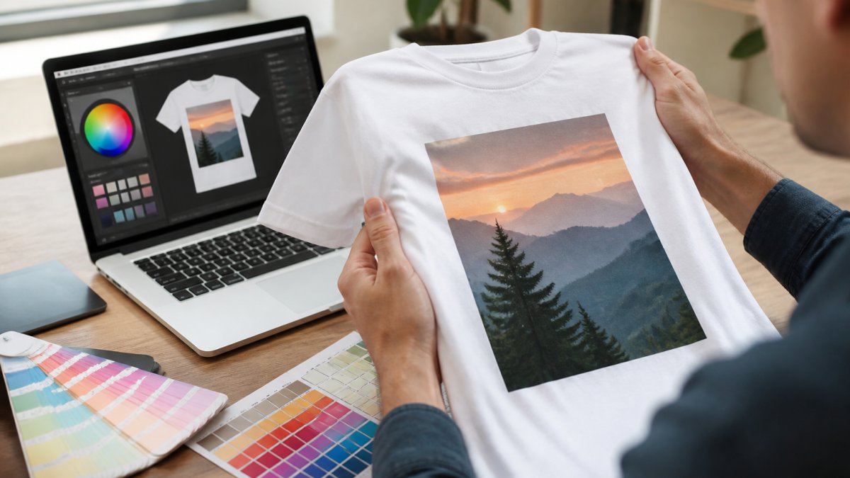 Designer's hands holding a printed t-shirt sample next to a laptop screen showing CMYK color values and design mockup in modern studio lighting