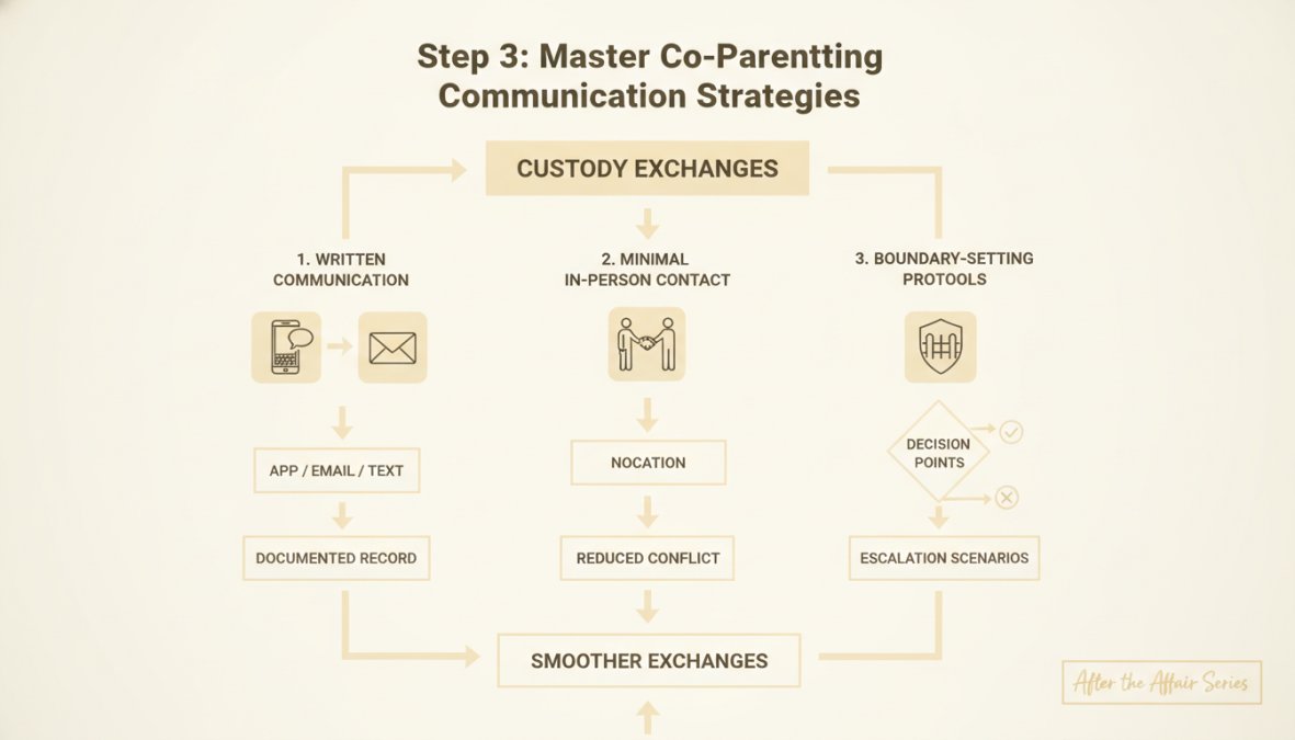 Flowchart showing three communication pathways during custody exchanges: written communication via app (email/text) leading to documented record, minimal in-person contact at neutral location leading to reduced conflict, and boundary-setting protocols with decision points for escalation scenarios