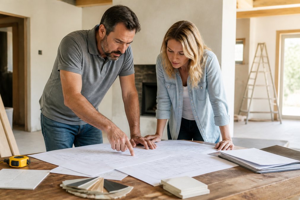 Experienced contractor and homeowner reviewing detailed construction plans and specifications spread across a wooden table with measuring tape, design documents, and material samples in natural daylight