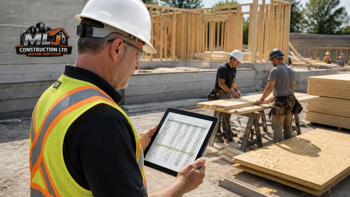 Construction supervisor reviewing budget spreadsheet on tablet at job site with subcontractors visible in background, natural daylight