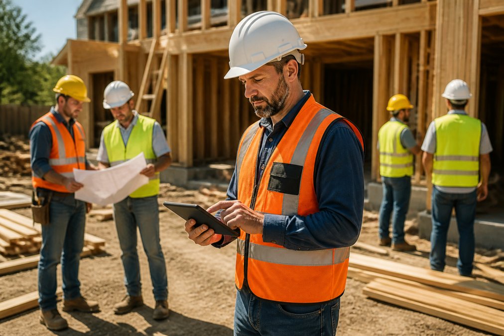 Project manager in safety vest reviewing detailed budget reports on a tablet while standing on active construction site with subcontractors and team members visible in the background