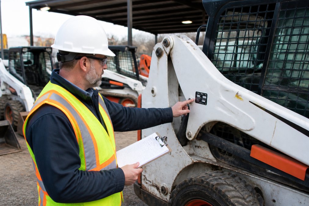 Construction professional examining equipment documentation and serial numbers on a skid steer loader at a dealer facility, with clipboard and verification notes visible