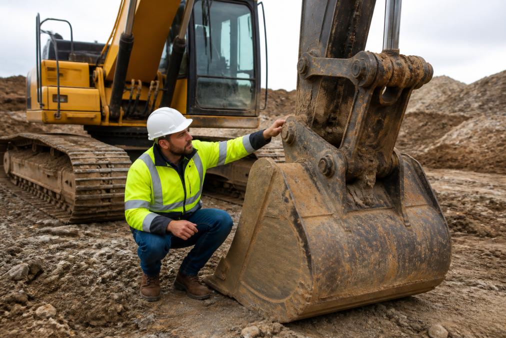 Equipment manager conducting hands-on inspection of an excavator bucket and hydraulic systems, checking for wear and damage on the job site