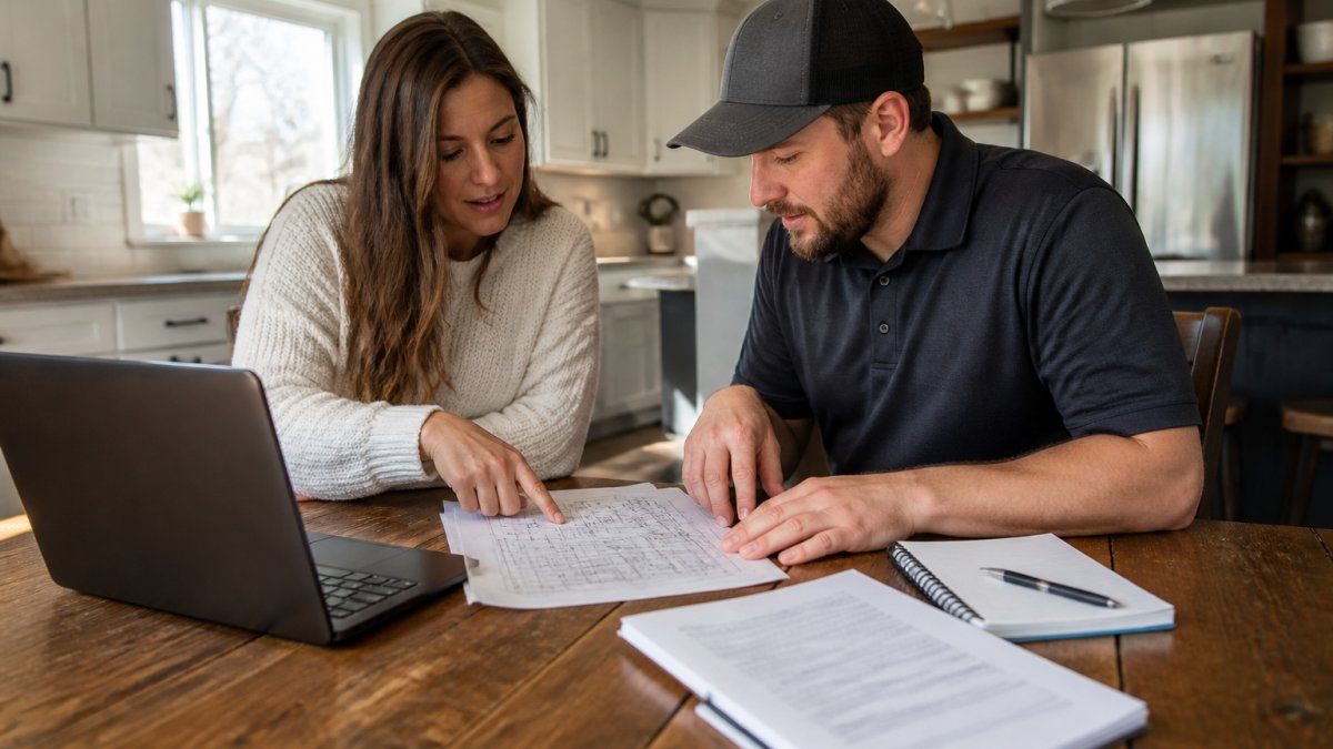 Homeowner and contractor reviewing project plans together at a kitchen table with a laptop, notebook, and contract documents visible