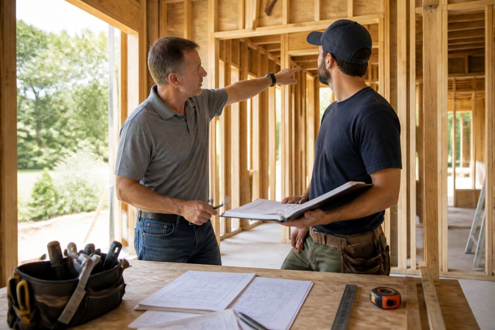 Homeowner reviewing construction project documentation and daily logs with contractor on-site, pointing to framing work in progress, natural daylight streaming through construction area