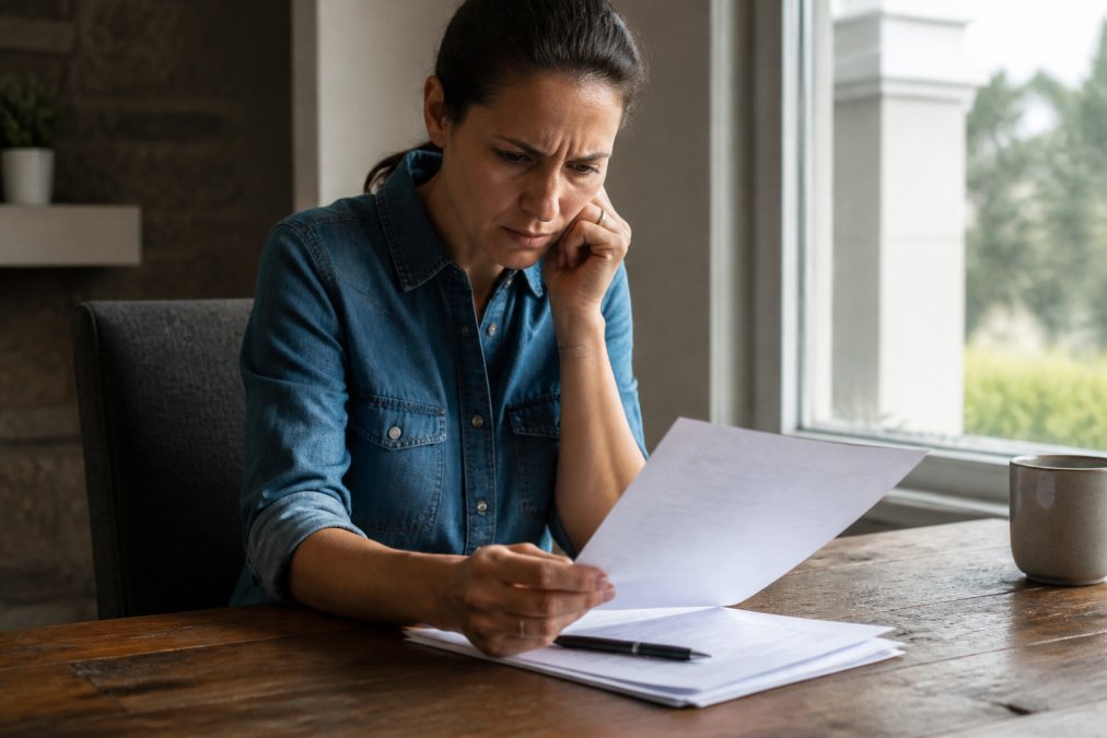 Close-up of a homeowner's hands reviewing a construction contract at a wooden table with a concerned expression, natural window light illuminating the document